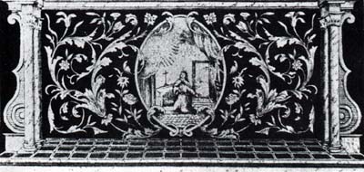 Nel tondino è raffigurata la B. Toscana in preghiera nel suo eremitaggio. Da una stampa (sec. XVI) del paliotto dell'altare dedicato alla Beata.